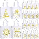 Wesnoy 24 Pcs Christmas Gift Bags Bulk 10 x 8 x 4 Inch Christmas White Gold Non Woven Party Favors Goodies Candy Bags with Handles for Holiday Gift Birthday Party Supplies