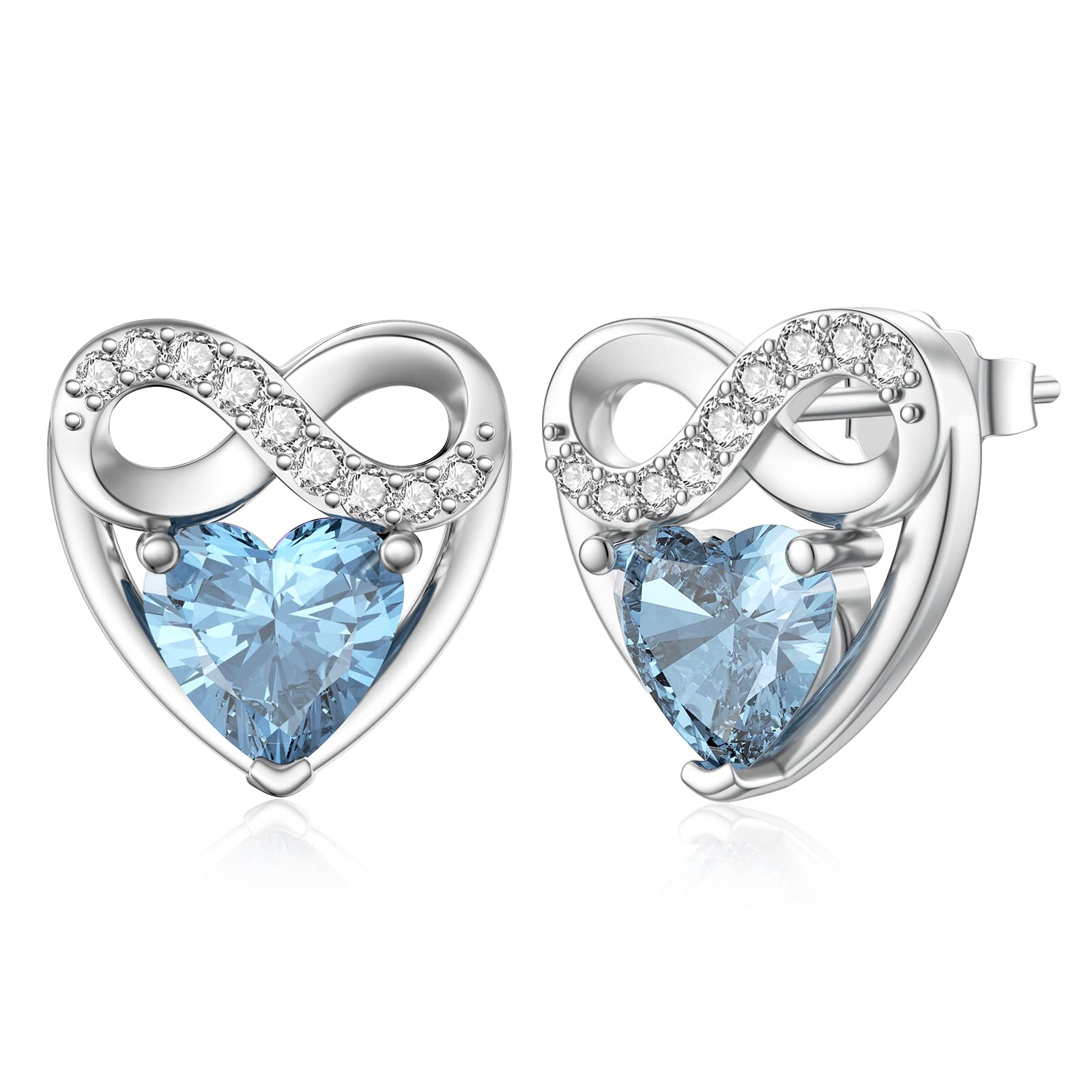 LANBEIDE March Birthstone Earrings, 925 Sterling Silver Aquamarine Earrings Infinity Love Heart Ear Studs for Women Birthday Present