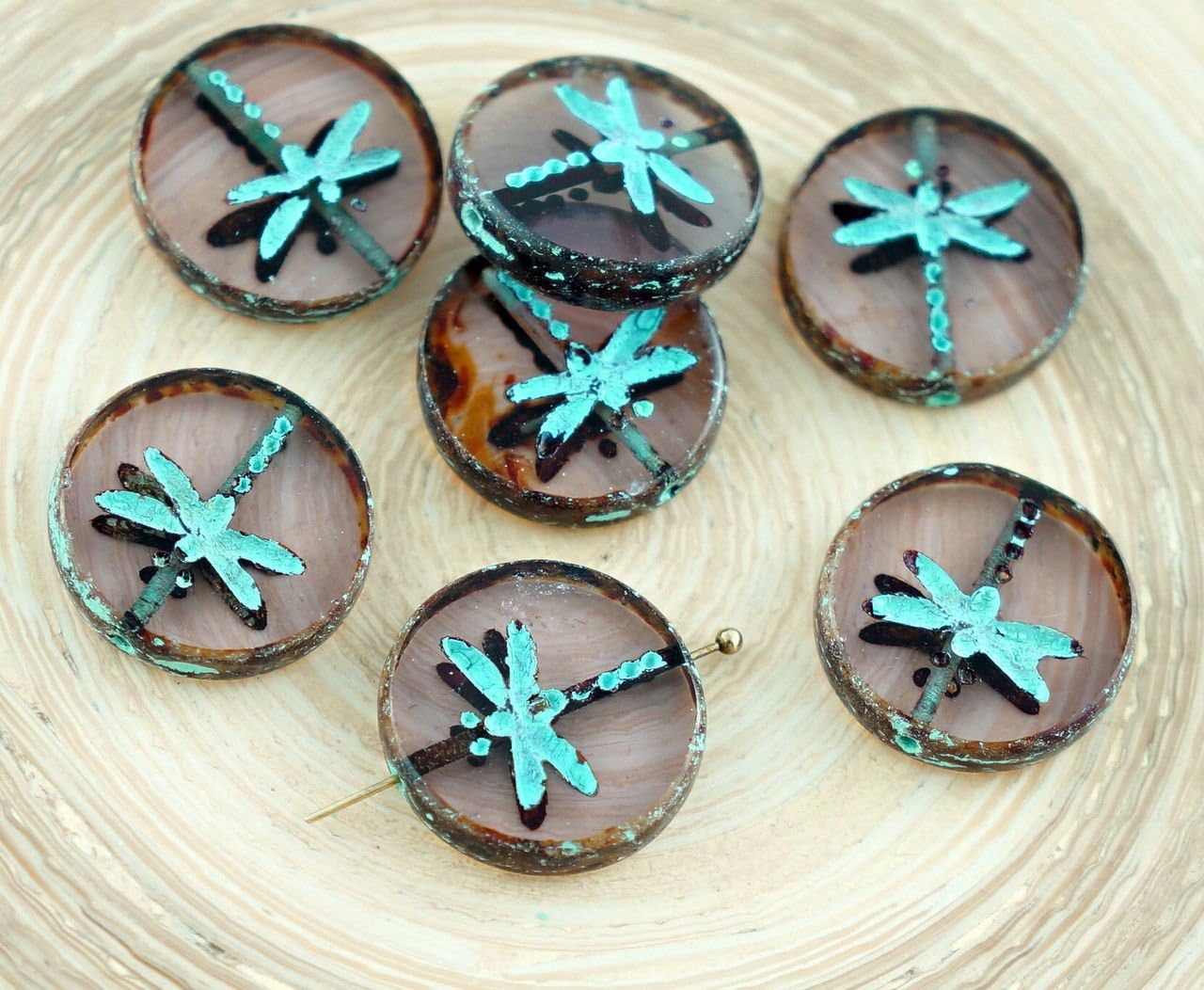 4pcs Picasso Crystal Amethyst Purple Turquoise Rustic Window Dragonfly Table Cut Flat Coin Round Czech Glass Beads 17mm
