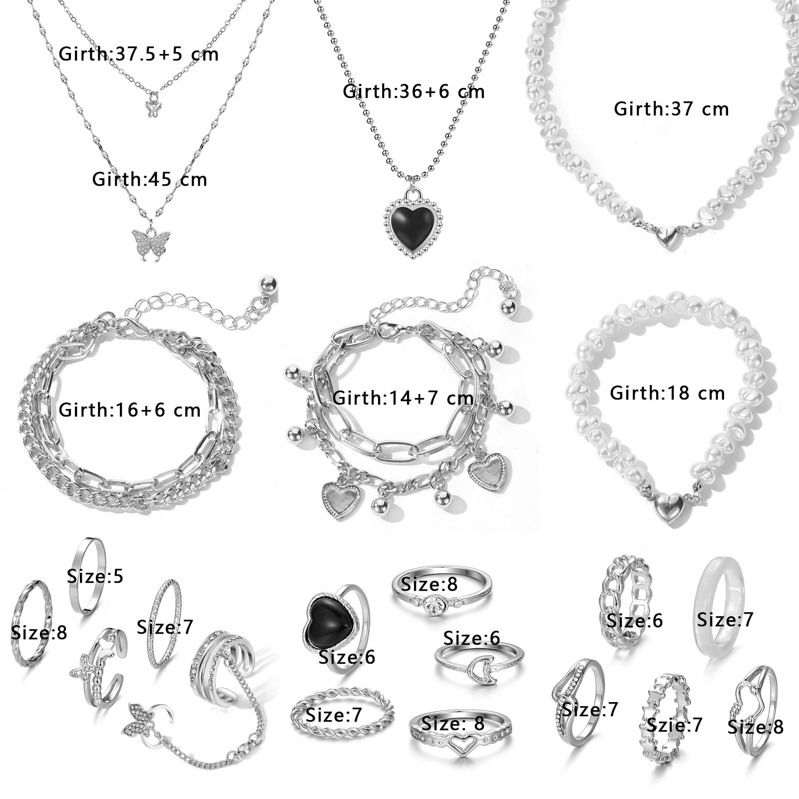 IFKM 36 PC Silver Plated Jewelry Set With 3 Necklace, 12 Bracelet, 7 Ear Cuffs Earring, 14 Knuckle Rings For Women Girls Valentine Anniversary Birthday Friendship Gift