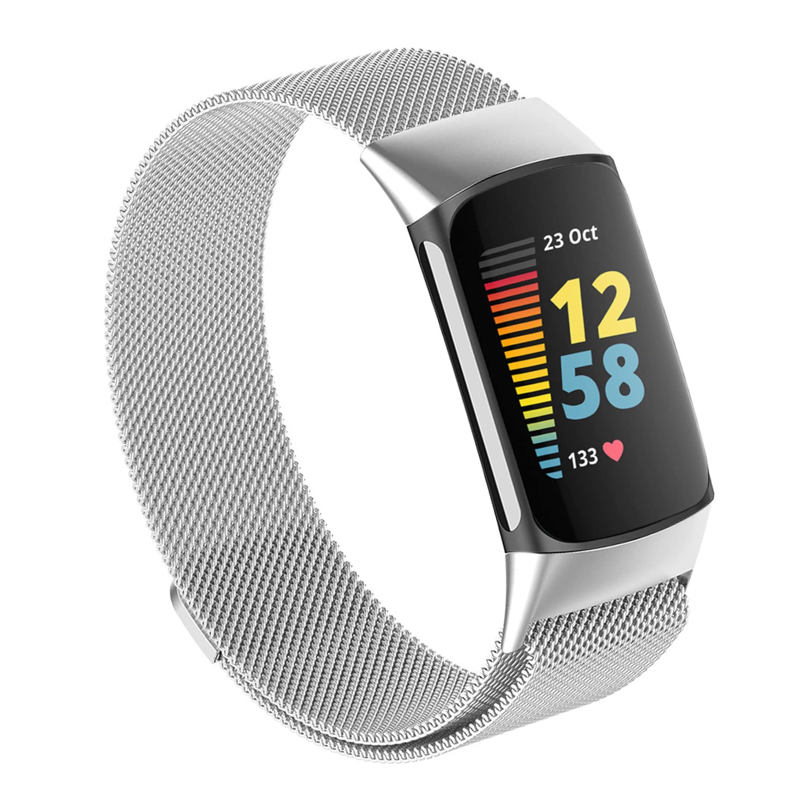 Kuaguozhe Magnetic Strap For Fitbit Charge 5 Strap, Adjustable Mesh Loop Stainless Steel Metal Replacement Wristband for Charge 5 Activity Tracker Women Men,Sliver,Large, Silver, L: 5.9''-8.3''