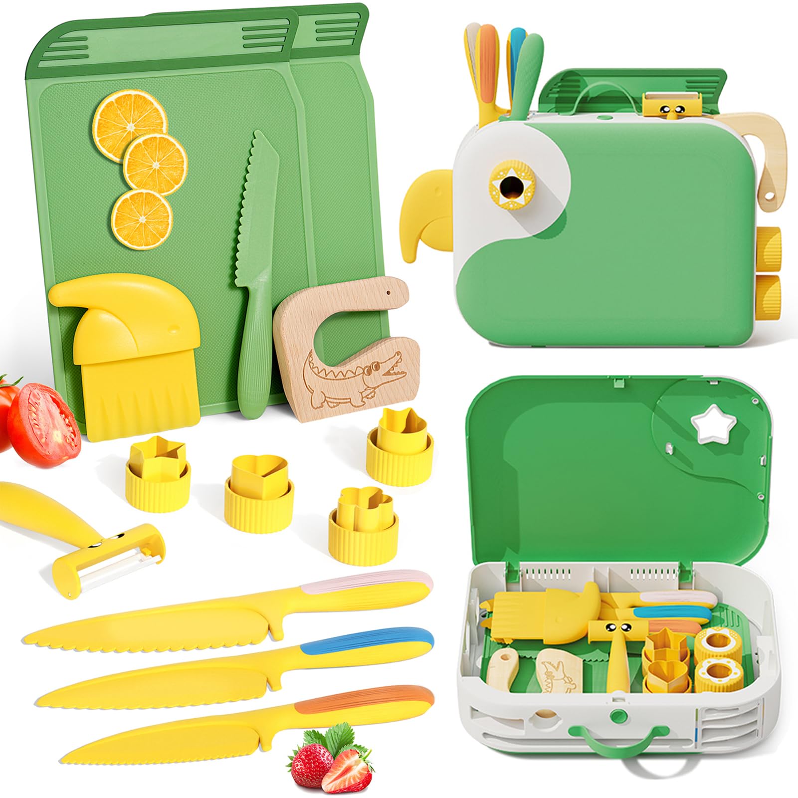 Lullulii Montessori Kitchen Tools for Toddlers,Kids Knife for Real Cooking,Toddlers Knife Set with Storage Box Kids Safe Knives Children Cutting Set for Girl Boy,Montessori Toys for Kitchen Set -Green