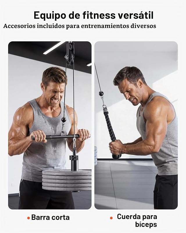 Sistema de polias de carga de 127 kg, conjunto de polias do ginásio doméstico com 2 cabos de aço, barra curta de 39,5 cm, corda para tríceps, treino de braços para bíceps, ombros, costas