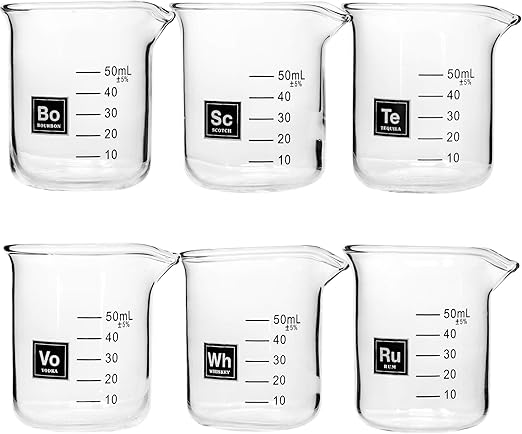 Amazon Com Drink Periodically Set Of 6 Laboratory Beaker Shot Glasses Clear Glass 2 75oz Each Shot Glasses