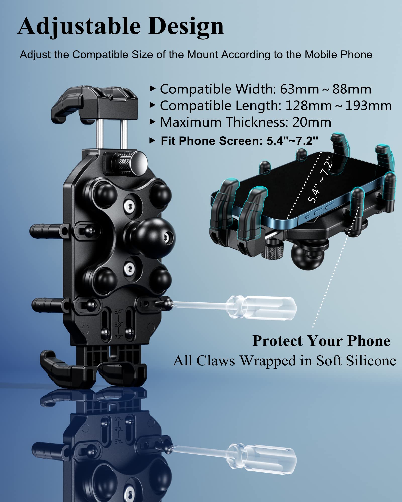 BRCOVAN UTV Phone Mount Holder with Vibration Dampener & Secure Lock, Fit 1.5/1.65/1.75/1.85/2'' Roll Cage Bar, Anti-Theft, Heavy Duty, Adjustable Size, Big Phone Friendly for 5.4-7.2'' Cellphone