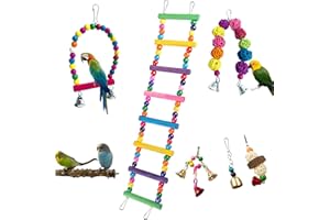 RLIGUANRUI 7Pcs Cage Playground for Small Birds: Wood Chew Toys, Perch, Ladder & Swing for Climbing - Ideal for Parakeets, Budgies, Conures, Cockatiels