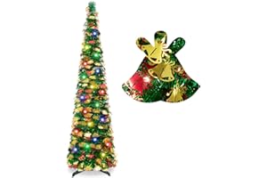 PINKSWAN 5Ft Pencil Christmas Tree with Lights, Pop Up Christmas Tree, Green Tinsel Tree with Bell Sequins, Artificial Skinny Collapsible Xmas Slim Tree for Holiday Winter Home, Office, Apartment Decor Indoor