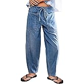 Buxitt Barrel Jeans for Women Stretch Elastic Waist Pull-on Wide Leg Baggy Pants Denim with Drawstring