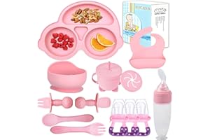 Silicone Baby Feeding Set,Miicasa Baby Led Weaning Supplies Kit With Suction Bowl & Car Plate, Bib, Spoon, Fork, Cup - Food-Grade Silicone, Dishwasher-Safe, No BPAs - For 3+ Months