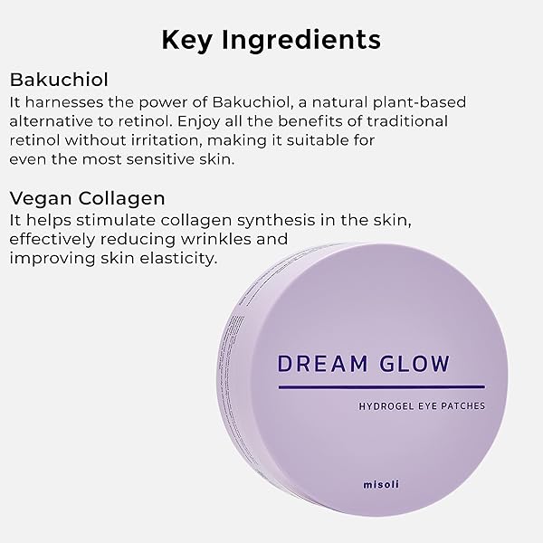 MISOLI DREAM GLOW UNDER EYE PATCHES | ANTI-AGING EYE TREATMENT GEL MASKS WITH VEGAN COLLAGEN & BAKUCHIOL | UNDER EYE MASKS FOR DARK CIRCLES AND PUFFINESS, UNDER EYE BAGS, WRINKLE CARE, MEN AND WOMEN