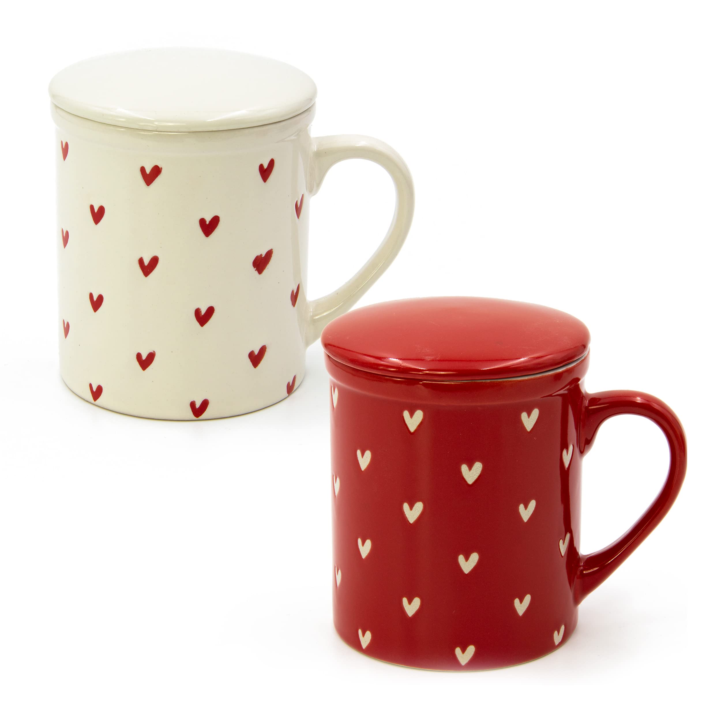 Blümelhuber Porcelain Mug Set with Heart Decoration – Set of 2 Colourful Mugs with Hearts with Lid and Strainer – 340 ml Capacity