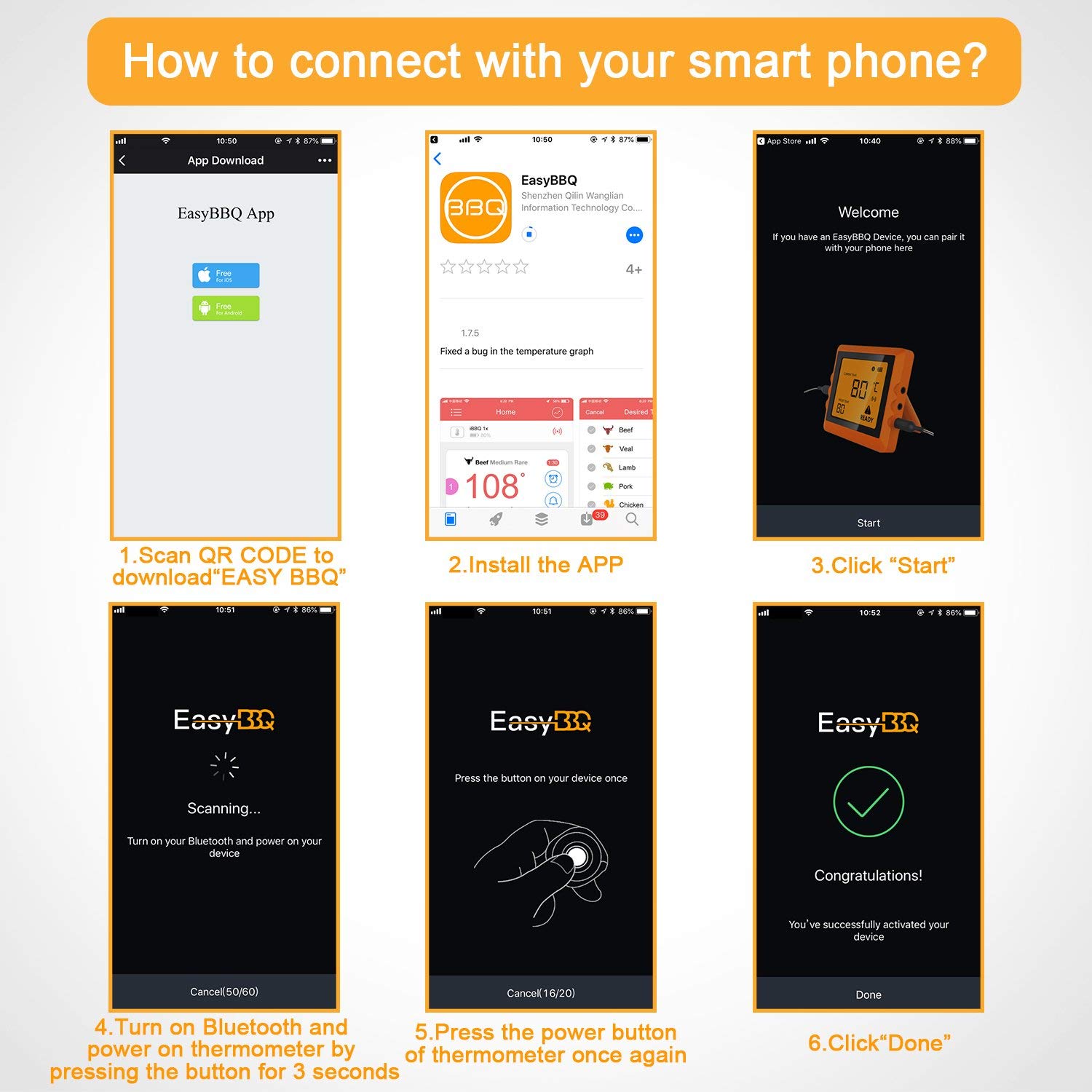 Digital Thermometer Küche, Migvela Grillthermometer mit 6 Fühler, Bluetooth Fleischthermometer Funk Bratenthermometer mit Temperaturalarm, APP Steuer mit 100M Reichweite, Wireless BBQ Thermometer Set für Smoker, Grillen, Backen, und Kochen 