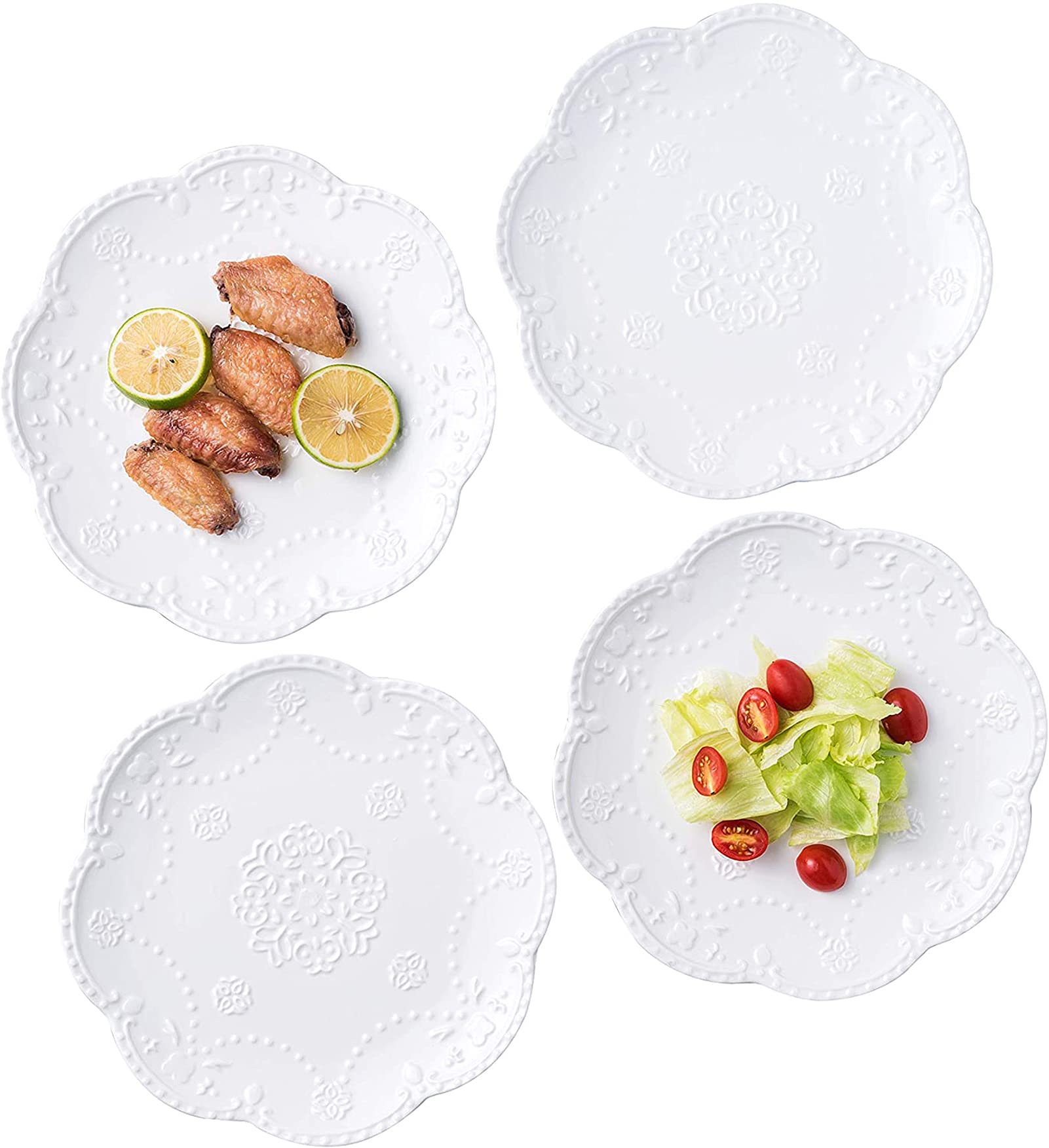 Eplze YBK Tech Elegant Round Embossed Lace Plate, Porcelain Dessert Plate for Breakfast Afternoon Tea, Set of 4 (8 Inch)