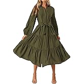 MASCOMODA Womens Dresses 2025 Fall Long Sleeve Midi Dress Casual V Neck Button Down Tiered Flowy Aline Tie Waist Shirt Dress