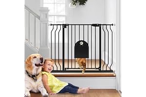 CUYOENT Baby Gate with Cat Door for Stairs - Auto Close & Easy Walk Thru Dog Pet Gates for Stairs 30"-43.7" Wide, Doorway, Pressure or Wall Mounted Child Gate Includes 4 Wall Cups 2 Extensions