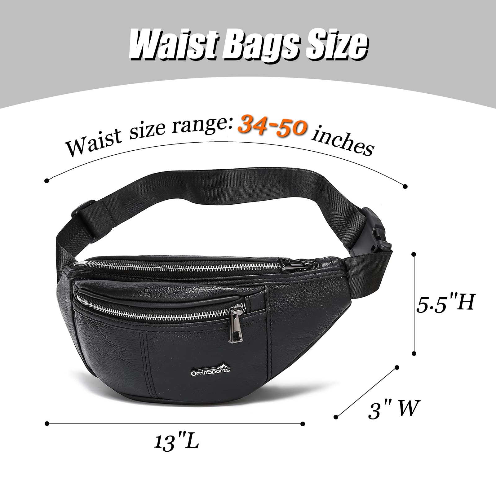 OrrinSports Black Fanny Pack for Men Genuine Leather Waist Bag Multiple Pockets Metal Zippers Belt Bag for Travel Hiking Cycling Fishing