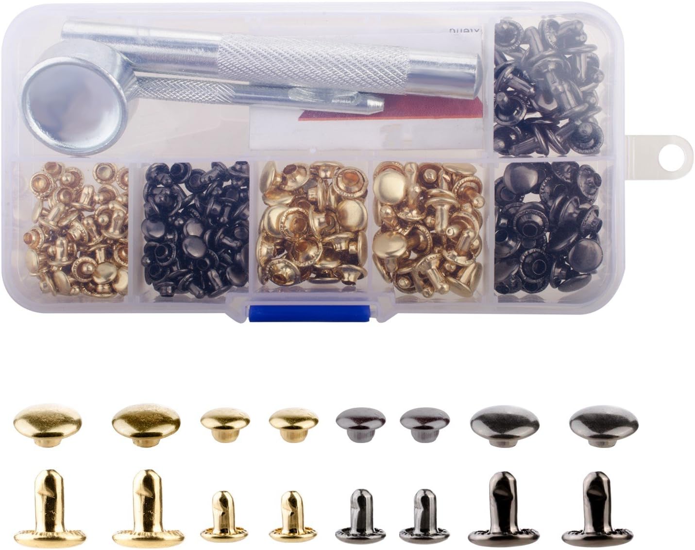 YMAISS 120 Sets Leather Rivets Double Cap Rivets with Fixing Tool Kit for Leather Craft Repairing Decoration, 2 color 2 size, gunmetal black and gold