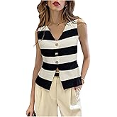 Floerns Women's Striped Cardigan Sweaters V Neck Sleeveless Button Up Sweater Vest