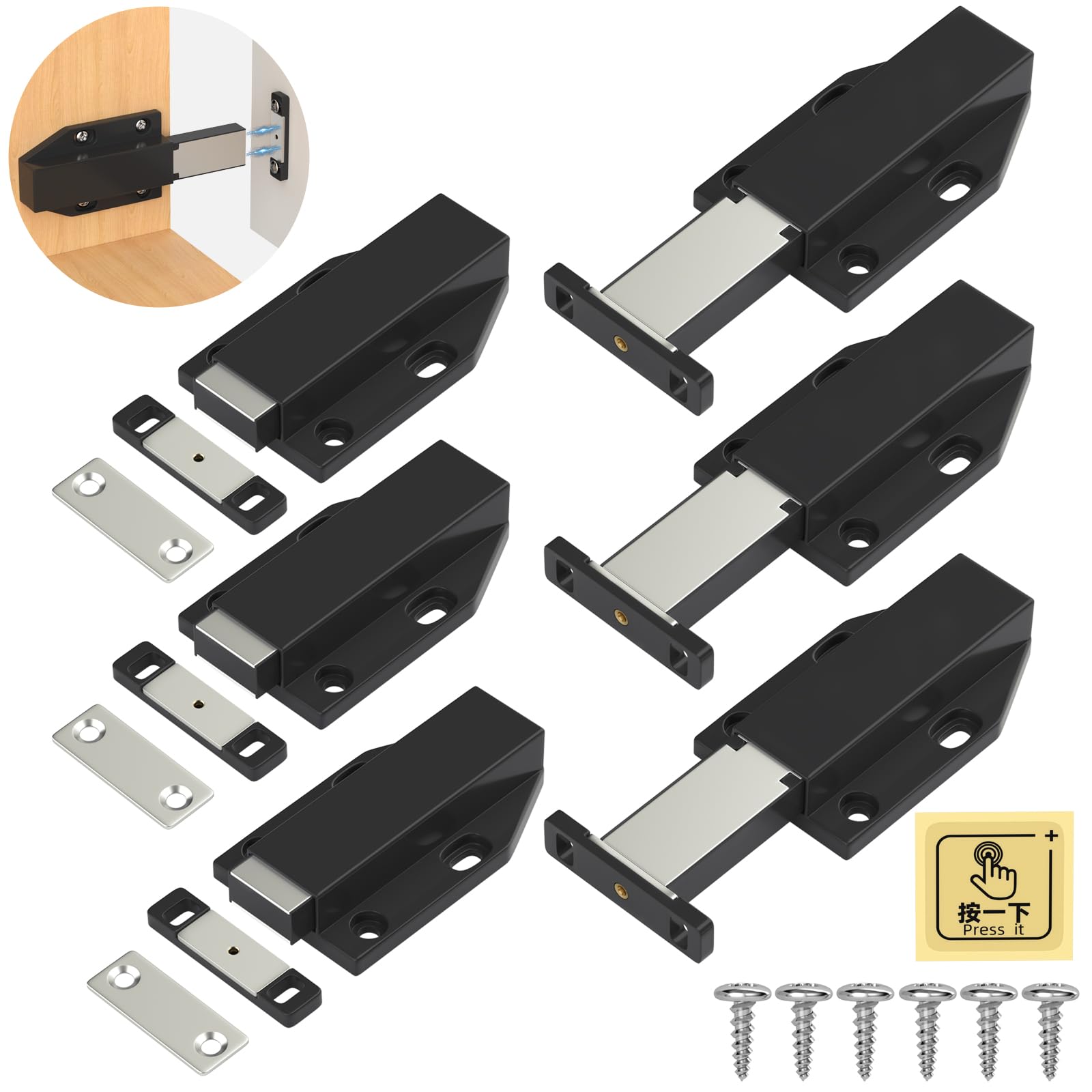 Push Open Door Catches Jiayi 6 Pack Magnetic Push Latches Cupboard Touch Latch for Kitchen Drawer Closer Black Touch Release Open for RV Door Damper, Large Push to Open Wardrobe Closure