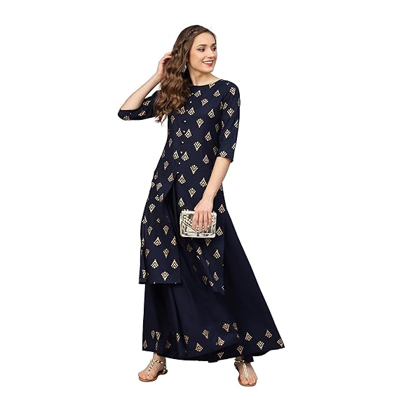 Women's Printed Cotton Kurta With Navy Blue Skirt
