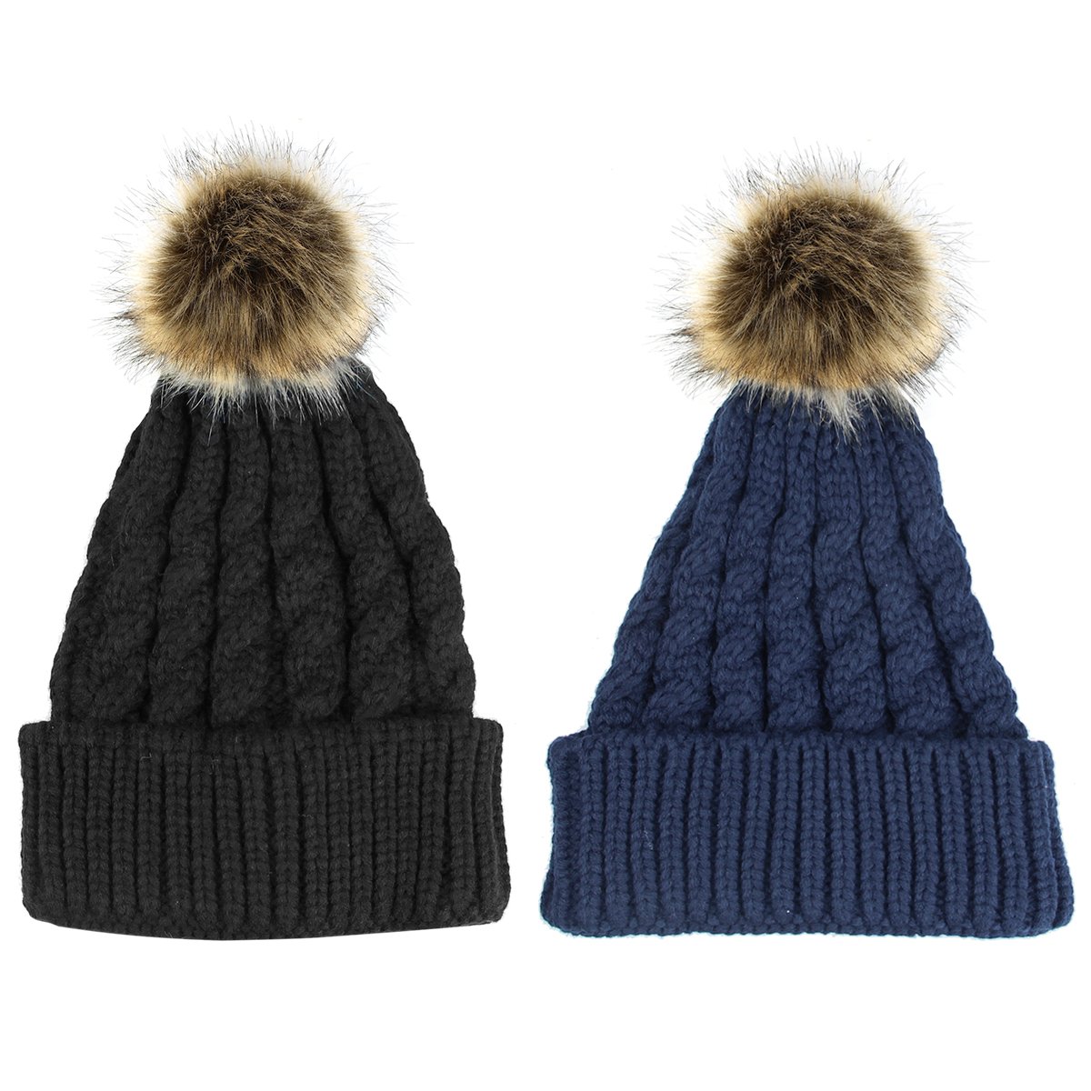 2 Pack Womens Knitted Chunky Beanie Faux Fur Pom Pom Beanie