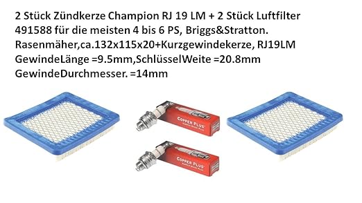 2 Stück Zündkerzen Champion RJ 19 LM + 2 Stück Luftfilter 491588 für die meisten 4 bis 6 PS, Briggs&Stratton. Rasenmäher,ca.1
