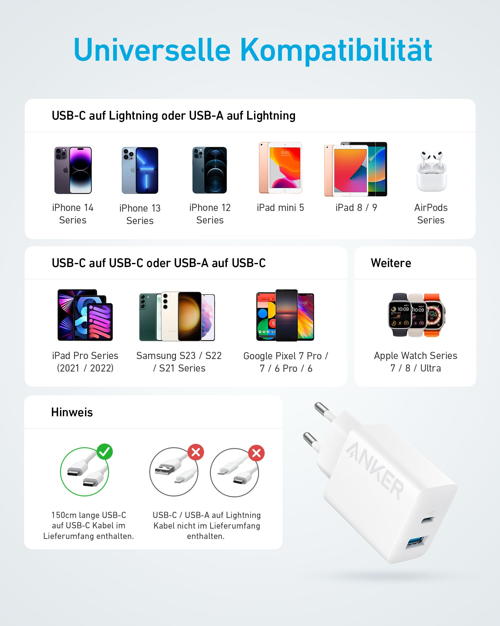 Anker 20W USB C Ladegerät, iPad Netzteil, USB-Schnellladenetzteil, iPad Ladegerät, Kompatibel mit iPhone 17/16/15 Series (mit 150cm USB-C Kabel) 7