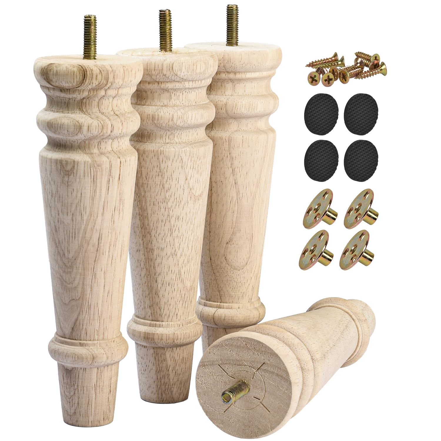 TCHOSUZ 8 Inch Wooden Furniture Riser Legs, Pack of 4 - Unfinished Solid Wood Turned Feet with M8 Hanger Bolts for Sofa Cabinet Ottoman Dresser Cabinet Height Adjustment & Replacement