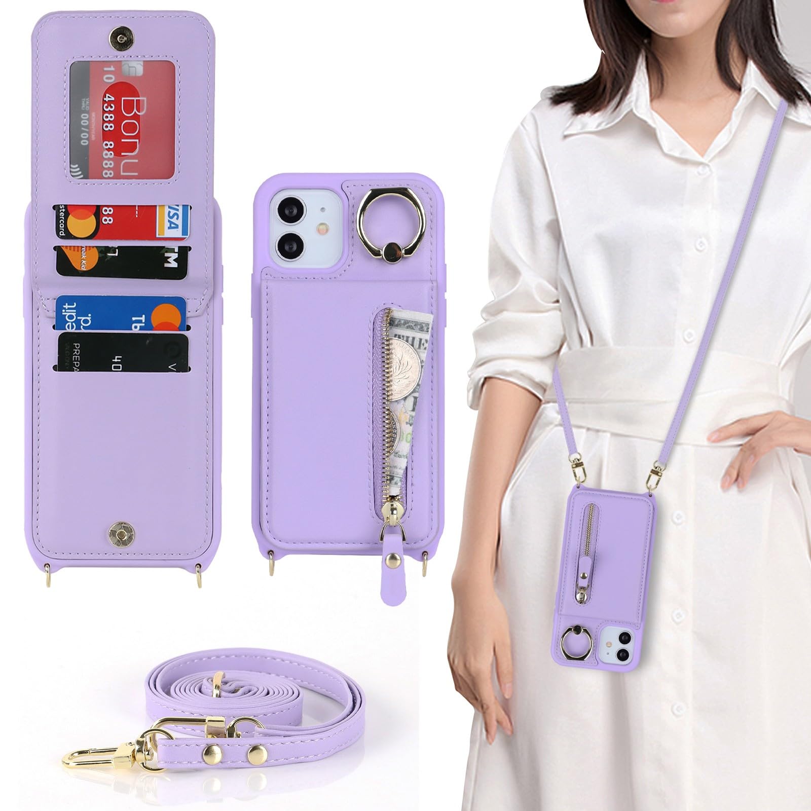 Zouzt for iPhone 12/12 Pro Case with Cord and Card Holde, Zipper Wallet Case with Crossbody Lanyard Ring Adjustable Necklace Protective Cover Women for iPhone 12/12 Pro 6.1 Inch - Purple