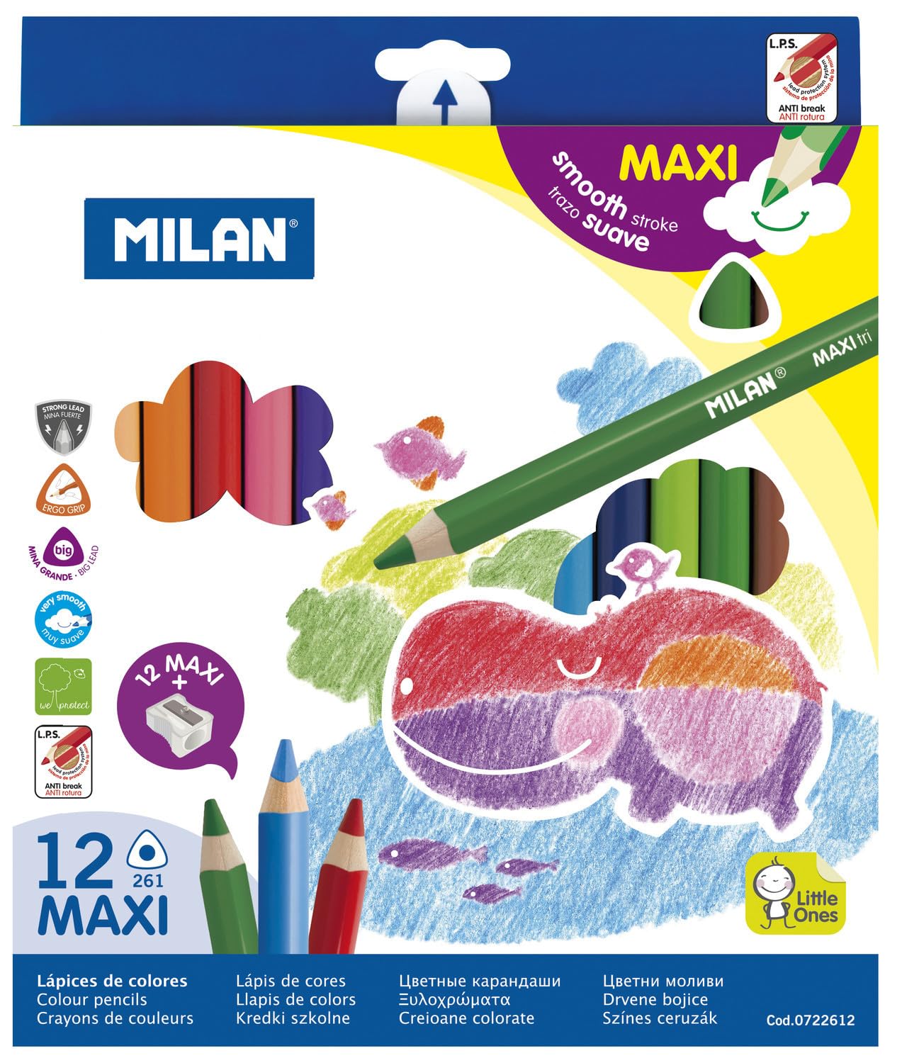 Milan Caja 12 lápices de colores Maxi triangulares + sacapuntas