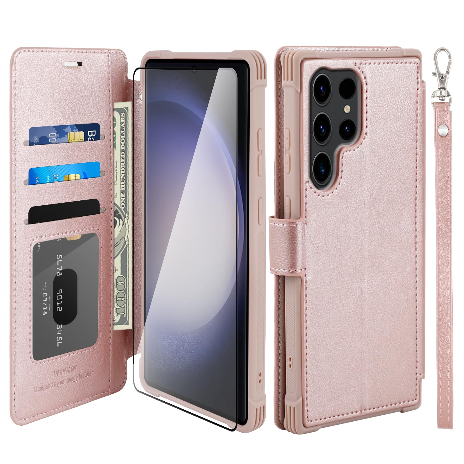 VANAVAGY Compatible for Galaxy S23 Ultra Wallet Case, 12ft Drop Protection, RFID Blocking PU Leather Flip Cover, Card Holder & Kickstand, Shockproof Phone Case for S23 Ultra-6.8 Inch,Rose Gold