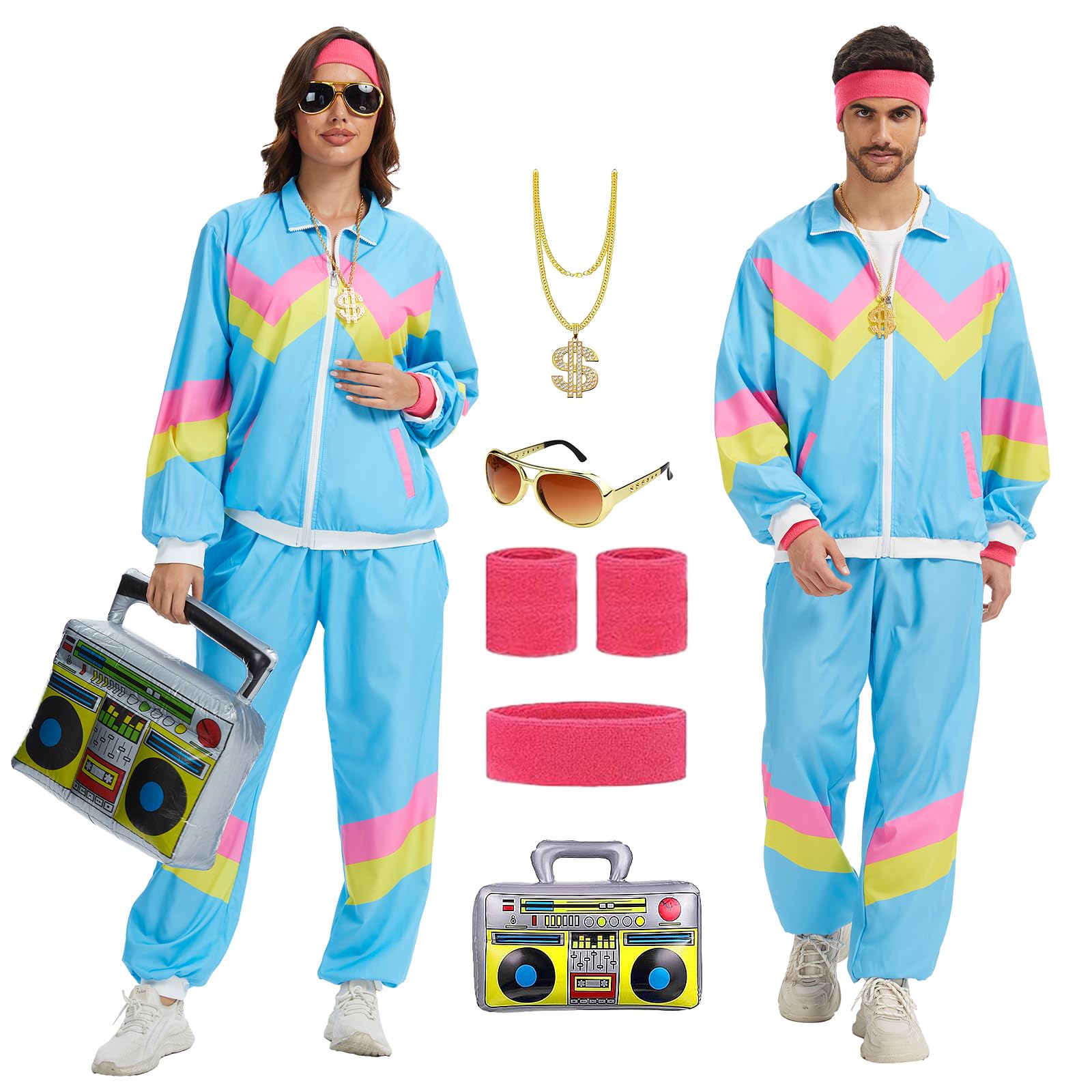 Photo 1 of PWQMGY 80s Outfit for Men Women-One Set 80s 90s Costumes with Accessories-Couples Track Suits for Halloween Carnival Party (Blue, L)