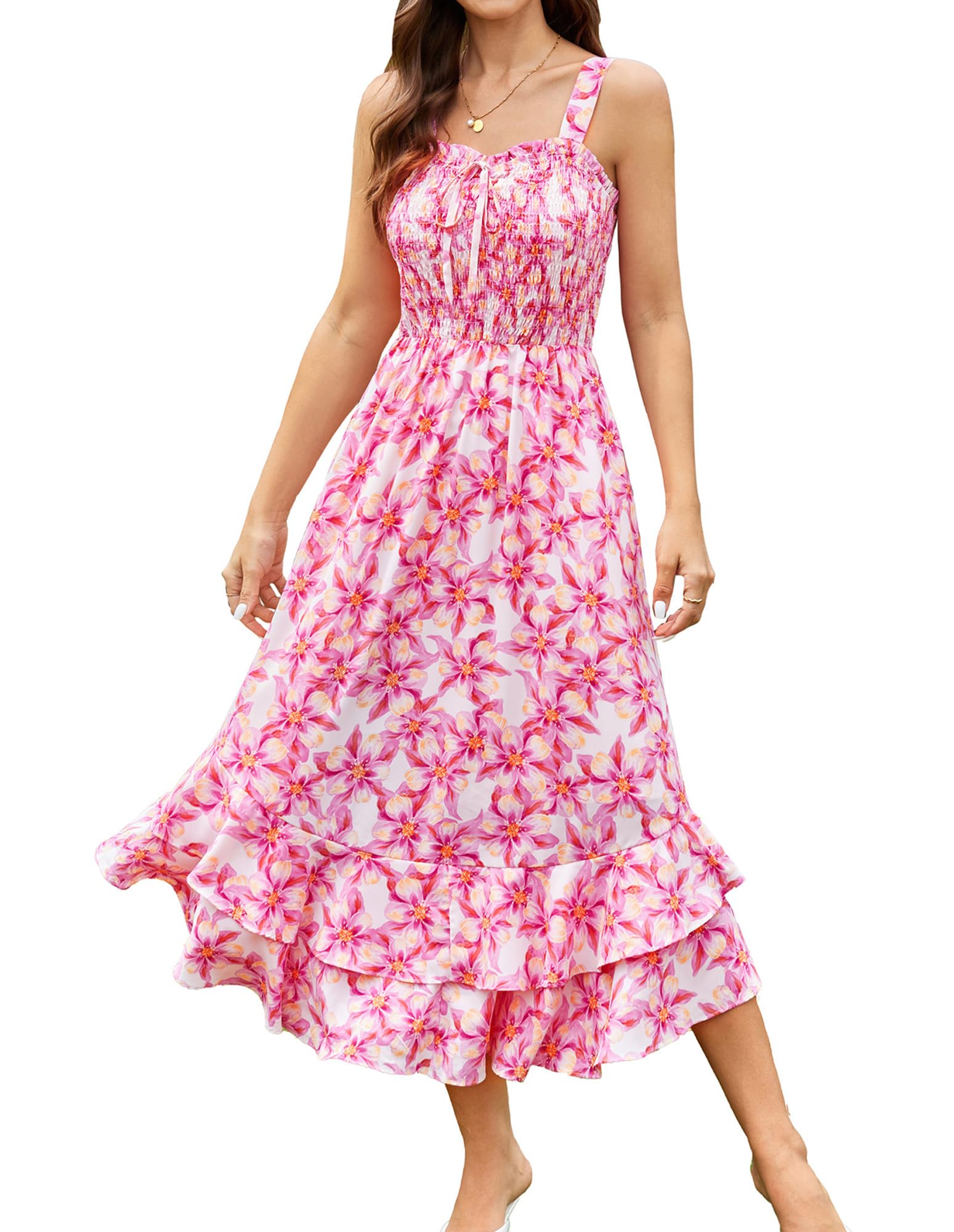 Women's 2026 Summer Floral Boho Dress Square Neck Strapped Swing A Line Sundress Beach Long Maxi Outfits