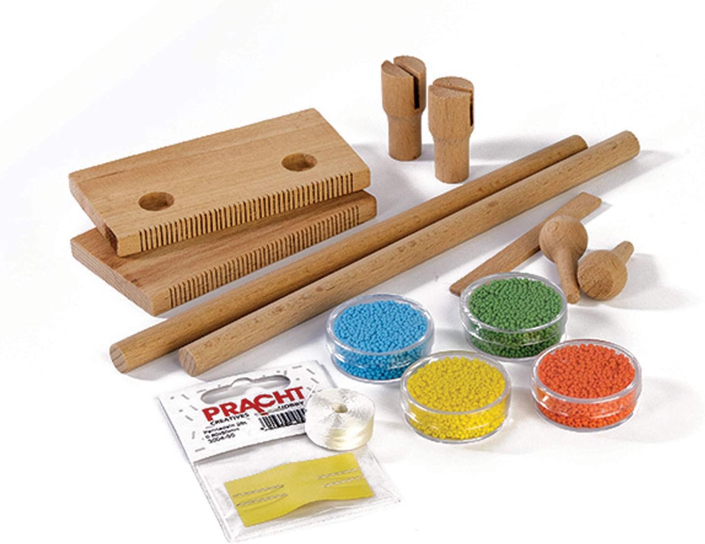 Pracht Creatives Hobby 3331-02 - Perlen - Webrahmen aus Holz, zum Perlenfädeln, zerlegt, mit Perlen (Rocailles), Nylonfaden, Nadel und Anleitung, zum Weben von Freundschaftsbändern und Armbändern