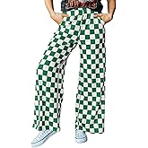 Acelitt Womens Casual Checkered Pants Elastic Waist Comfy Loose Wide Leg Pants with Pockets