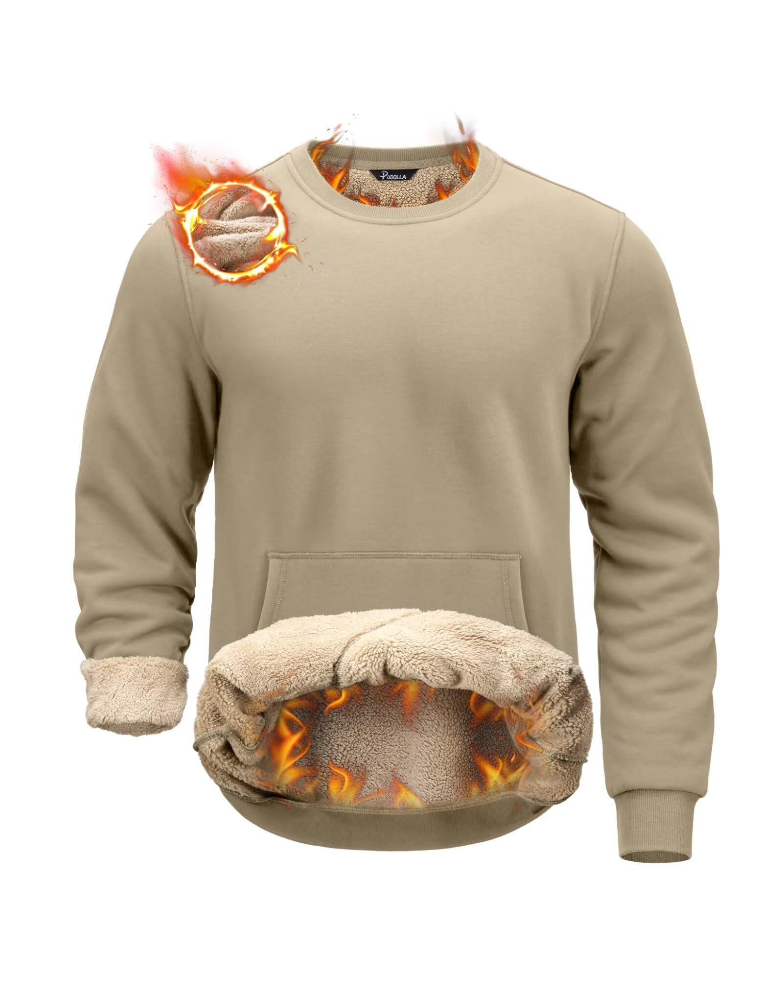 Pudolla Fleece Pullover Sweatshirts for Men Winter Warm Sherpa Lined Pullover Winter Crewneck Sweatshirts Men(khaki XL)