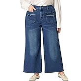 Agnes Orinda Plus Size Jeans for Women Wide Leg Washed Stretch with Pockets Palazzo Denim Jeans