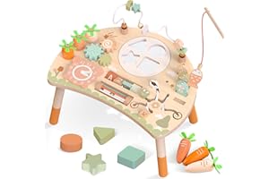 Hewaurorion Wooden Activity Table for 1 Year Old - Montessori 9 in 1 Busy Board Baby Activity Centre with Bead Maze Shape Sor