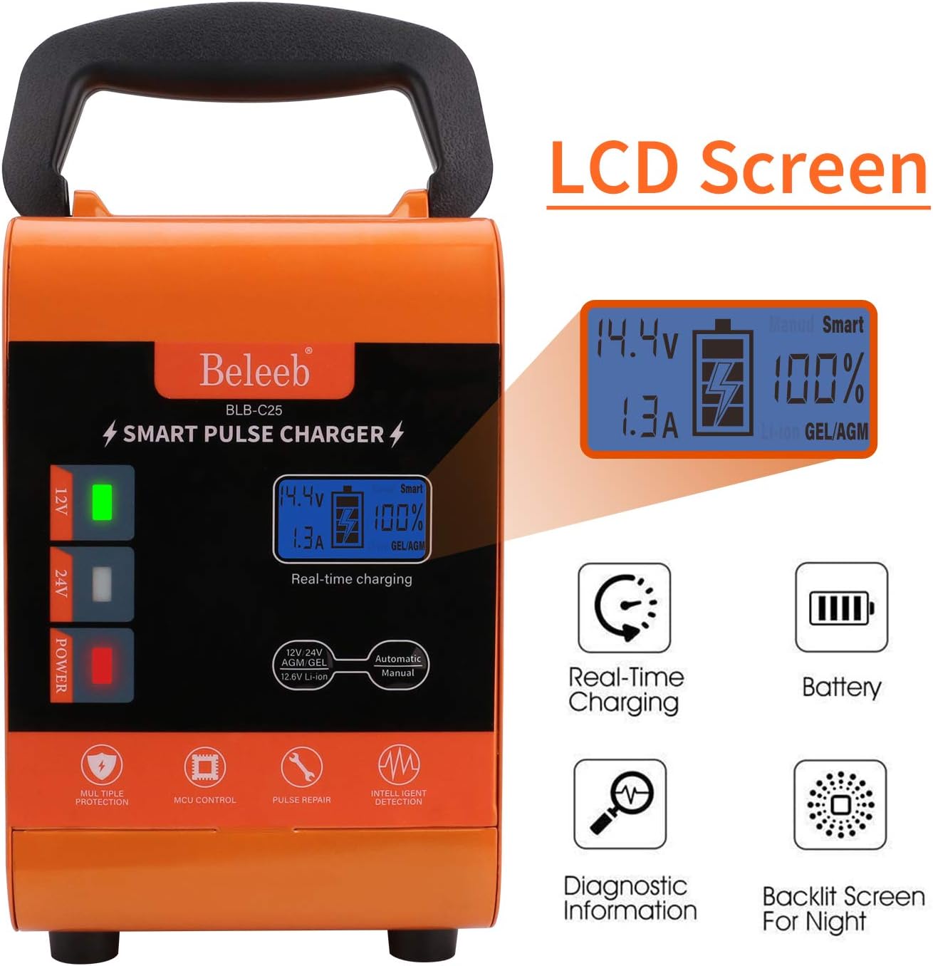 Beleeb Battery Charger 12V/20A 24V/10A Trickle Charger Smart Automatic Battery Charger for Car Motorcycle Boat Marine Lawn Mower SLA ATV RV SUV Wet AGM Gel Cell Lead Acid Battery: Automotive