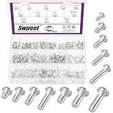 Swpeet 390Pcs 12 Sizes M3 M4 M5 M6 Aluminum Flat Head Semi Tubular Rivets Assortment Kit, Round Flat Head Semi Tubular Rivets in Silver Tone for Craft Repairs and Decoration