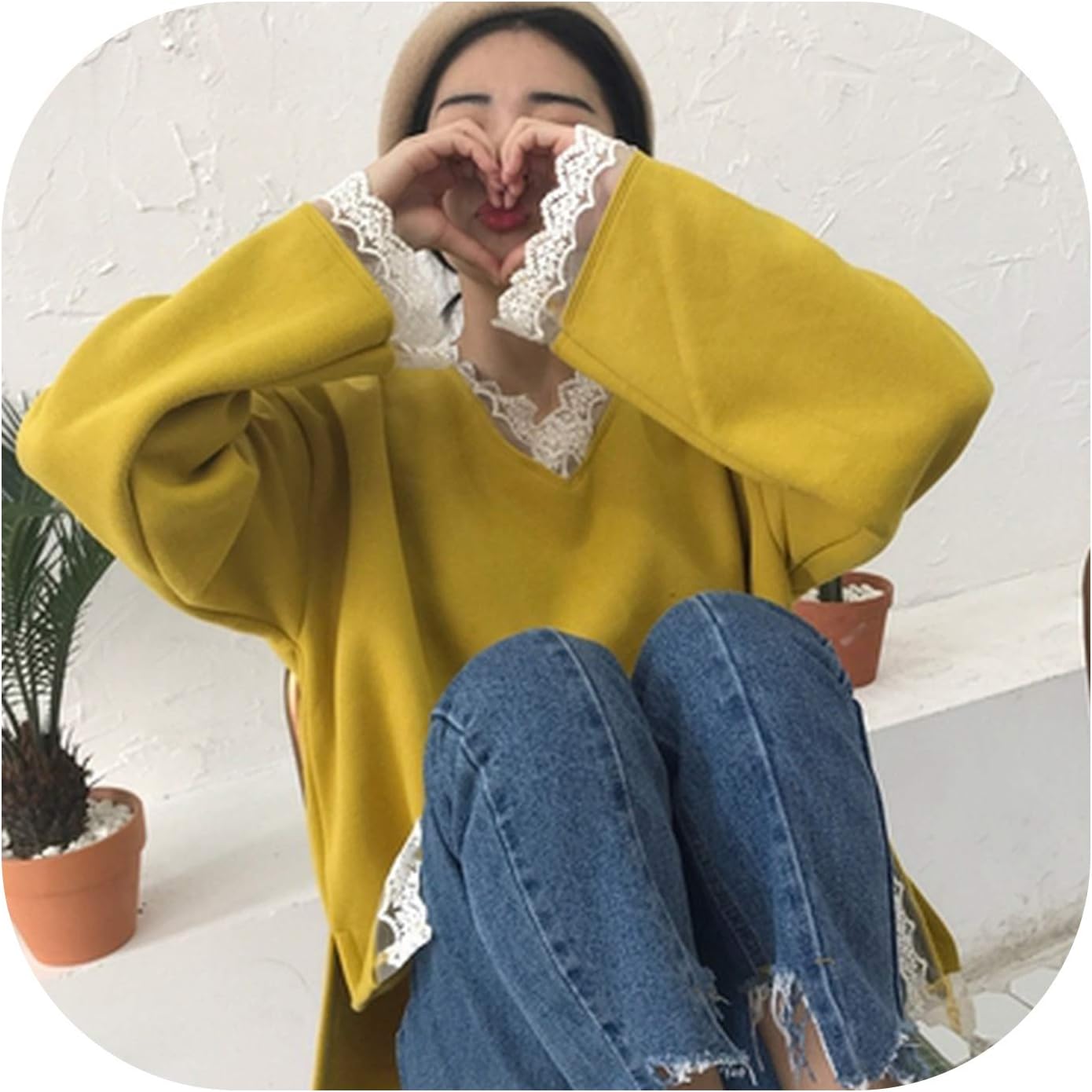 Women's Sweaters Japanese Kawaii Vintage Loose V Neck Lace Slitted Sweater Female Korean Harajuku Clothing for Women
