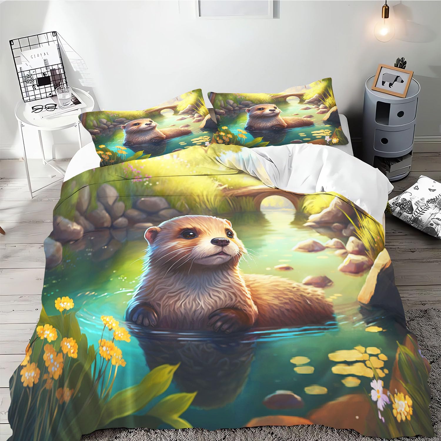 SMchwbc Otter Bed Linen 135 x 200 cm Cute Otter Duvet Cover for Boys Girls Otter Animal Bedding Set 3D Print Ottertier Bed Linen 100% Microfibre Animal Red Duvet Cover (220 x 240 cm, 1)