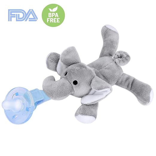 Baby Schnuller mit Kuscheltier Elefant, weicher und leichter Soothie Schnuller, für Baby Mädchen Junge 0-18 Monate