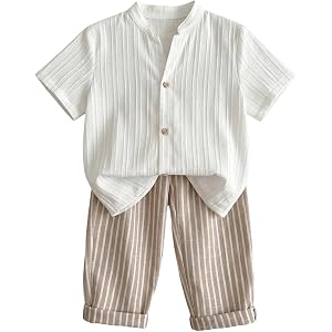 Verdusa Boy's 2 Piece Outfits Textured Button Down Shirt and Striped Pants Set