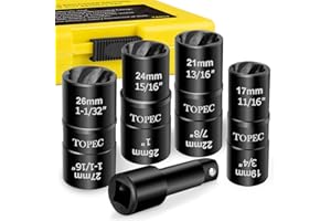 Topec Flip Lug Nut Removal Tool, 5 Piece Wheel Lock Removal Kit, 1/2" Drive Lug Nut Remover, 17-27mm Extractor Socket Set for Stripped, Rounded, Damaged Bolts