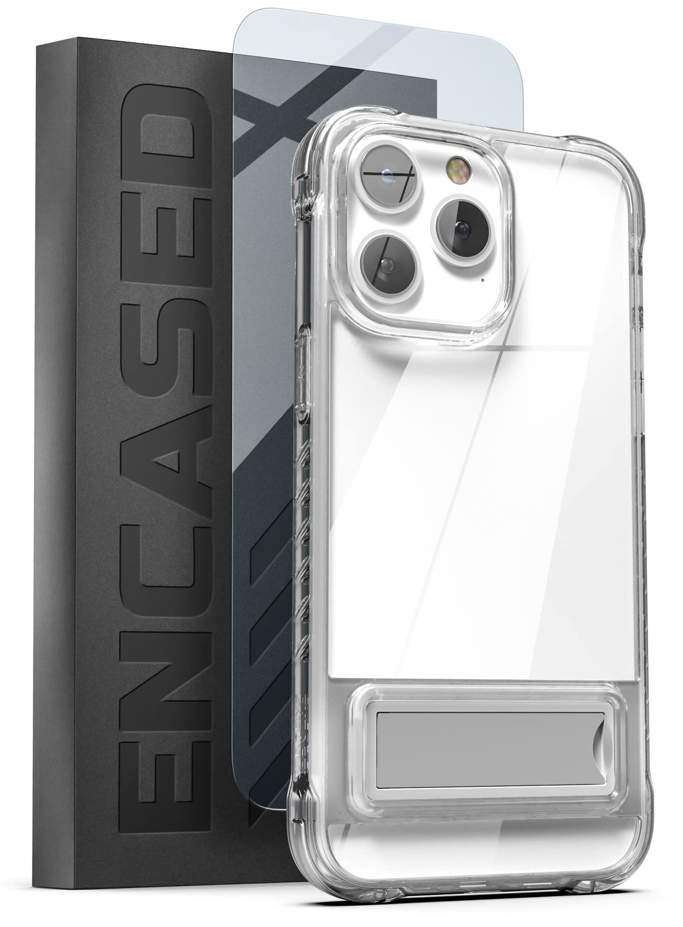 Encased Clear Case with Stand for iPhone 14 PRO MAX Case with Screen Protector (Durable Metal Kickstand)