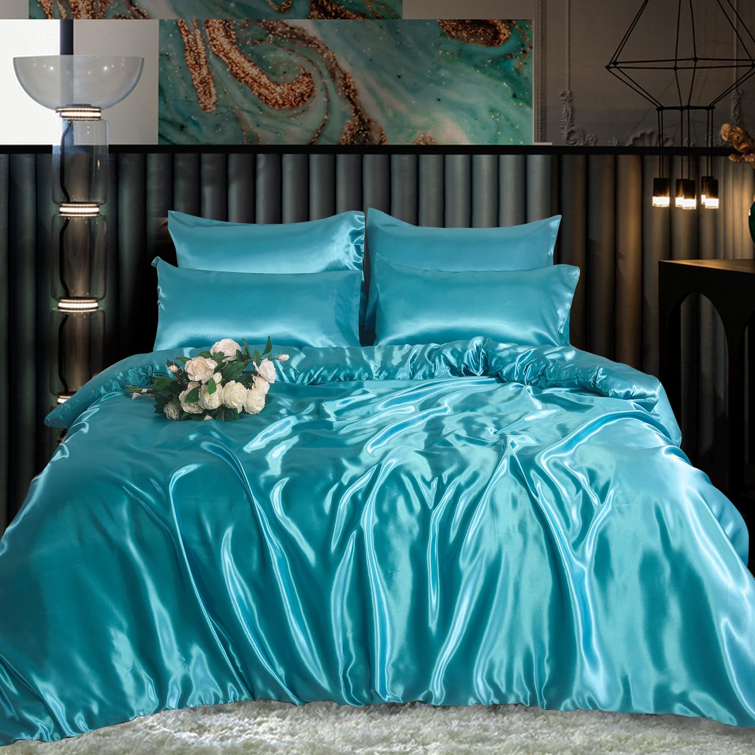 ROOEE Satin Silk Complete Bedding Set - 4 PCS - Fitted sheet, Duvet Cover, 2 Pillow Cases. Color - Teal Size - Single