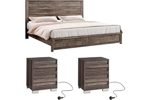 LUXOAK 3 Pcs Bedroom Furniture Sets,Includes Farmhouse King Size Bed Frame with 49" Tall Headboard and Nightstand Sets of 2 with Charging Station, Slated Handles & Stainless Steel Feet, Rustic Grey