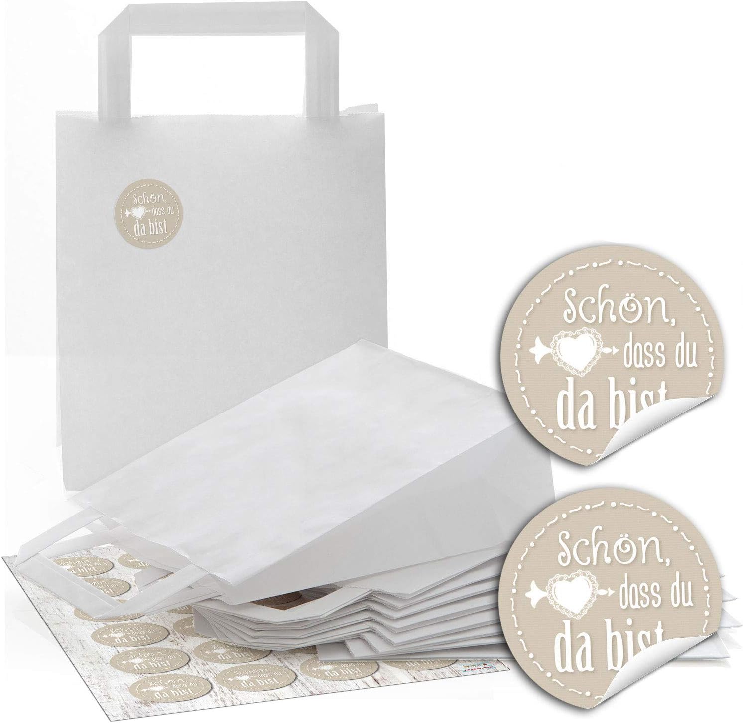 24 Weisse Papiertuten Papier Tragetaschen Henkel Tuten Geschenktuten Boden 18 X 8 X 22 Cm Kleine Papiertaschen 24 Runde Aufkleber Schon Dass Du Da Bist In Beige Verpackung Geschenke Amazon De Burobedarf Schreibwaren