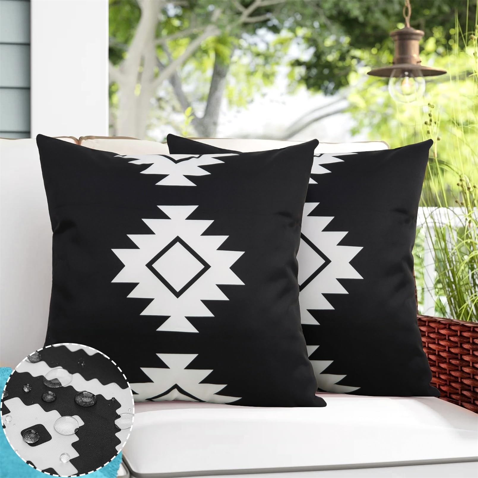 Photo 1 of Adabana Outdoor Waterproof Throw Pillow Covers, Black and White Outdoor Pillows Cover Boho Geometric Pillow Cases for Patio Furniture 18x18 Inch Set of 2